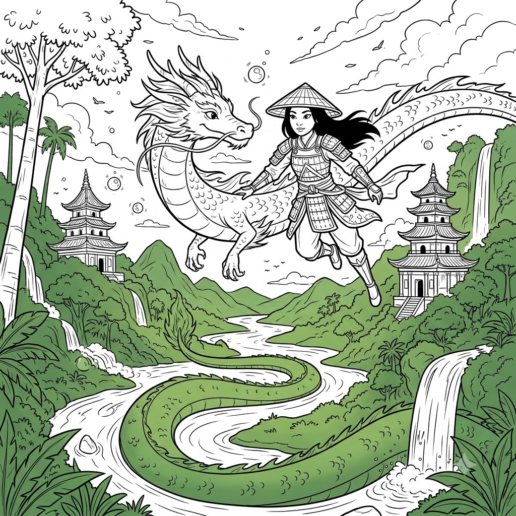 Raya and the last dragon coloring page of a full adventure scene with warrior, dragon, temples, and river landscape